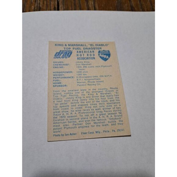 1971 King & Marshall Top Fuel Dragster AHRA Fleer Drag Champs Car Trading Card - Picture 2 of 2